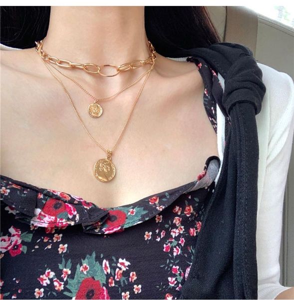 

chokers gold color retro portrait coin pendant thick chain necklace for women multi layer choker geometric round necklaces jewelry, Golden;silver