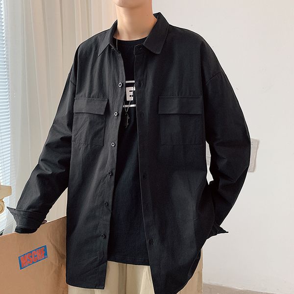 

2020 autumn new long sleeve loose casual solid color work shirt large men's fashion, White;black