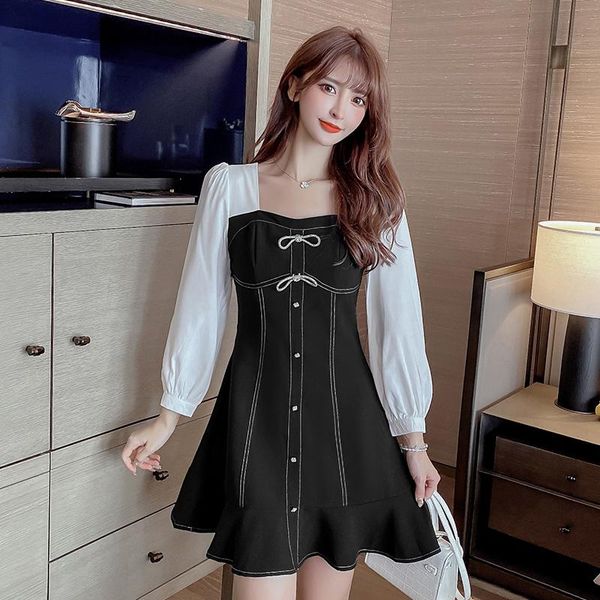 

#5334 black spliced white chiffon long sleeve short a-line dress women square collar office lady casual vintage ladies dresses, Black;gray