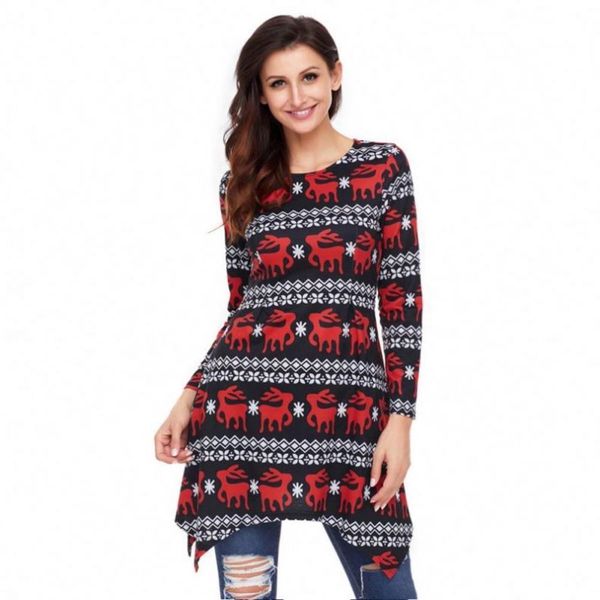 

european and american christmas reindeer printed round collar, long sleeve skirt with irregular train mini dress, Black