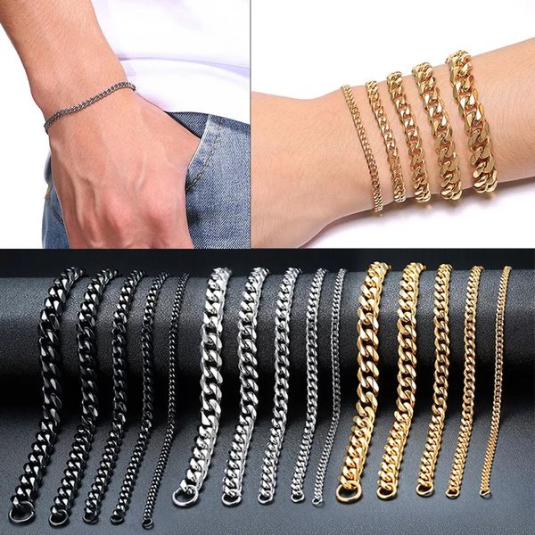 

3mm-11mm mens 14k gold plated bracelet women cuban link chains stainless steel curb bracelets gold silver black color wrist bracelets gift