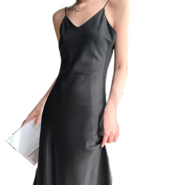 

party dresses suspender dress french acetate satin silk women's medium long style in spring and summer with white bottomed skirt, White;black
