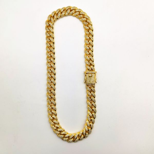 

luxury european hip hop hipster cuban link chain diamond bracelet 12mm full diamond men and women hiphop gold-plated necklace factory fashio, Golden;silver