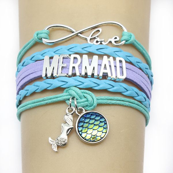 

braid bracelets leather infinity wrap mermaid charm bangles for women men jewelry 50pcs cny2177, Golden;silver
