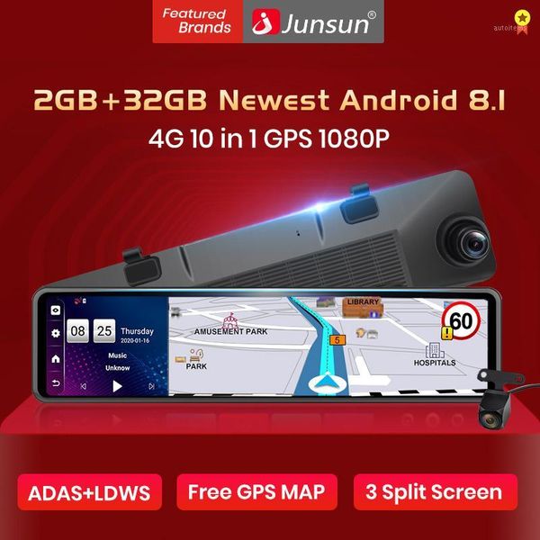 

junsun new android 8.1 car mirror camera triple screen fhd dual lens rearview mirror gps navigator dvr wifi 4g bluetooth cam1