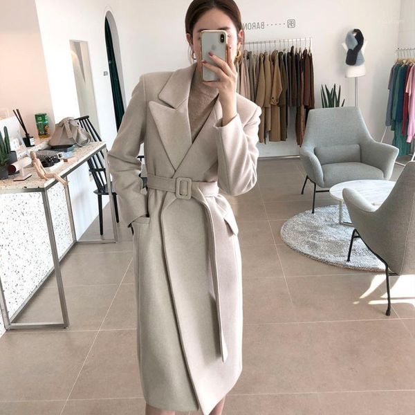 

woman coats winter wool long coat with belt office lady fashion lace up coats outerwear1, Black