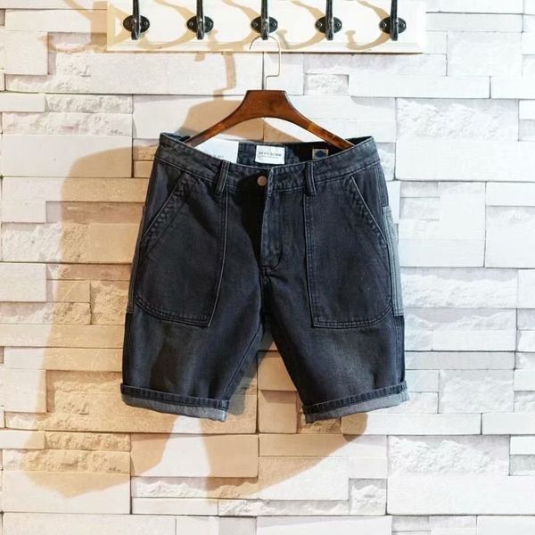 

summer's new versatile color matching poet slim fit korean bla gray straight pants men's jeans shorts mid pants fashion, Blue