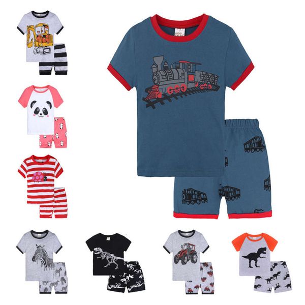 

pajamas shangku children's summer boys' girls' short sve 5-minute thin cotton air conditioning room home suit cartoon, Blue;red