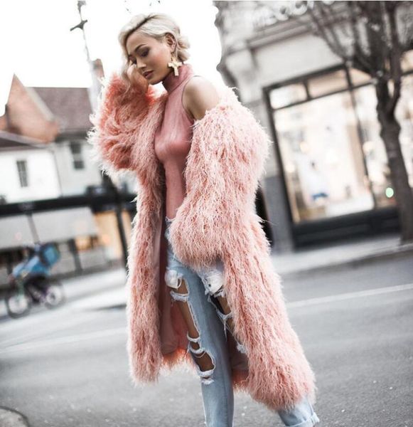 

european and american autumn and winter women's sheepskin coat white long faux leather coat women's thermal wool, Black