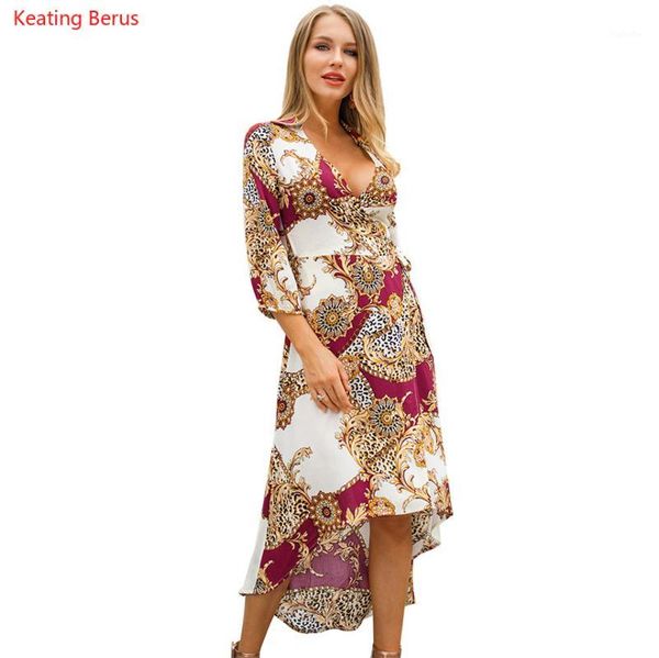 

keating berus 2019 new women's wear spring seven-point sleeve v-neck floral print fashion dress banquet dress1, Black;gray