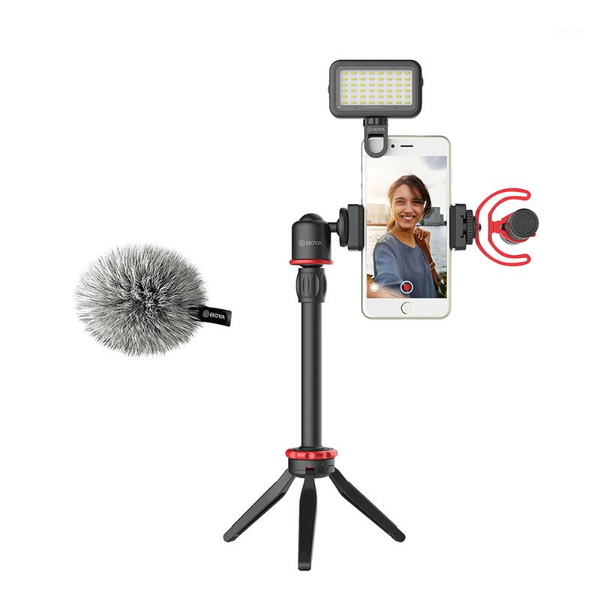 

boya by-vg350 universal smartphone kit with led light tripod phone clip mount for video shooting, vlogging, podcasting1
