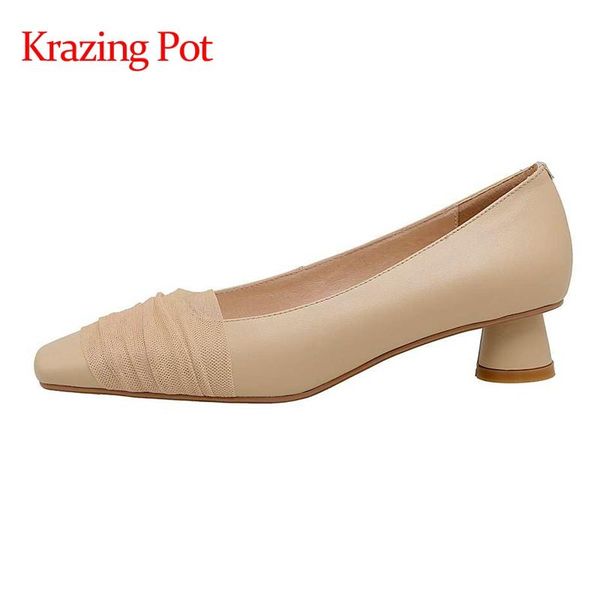 

dress shoes krazing pot genuine leather square toe med heel air mesh candy colors beauty lady dating korean street fashion women pumps l39, Black