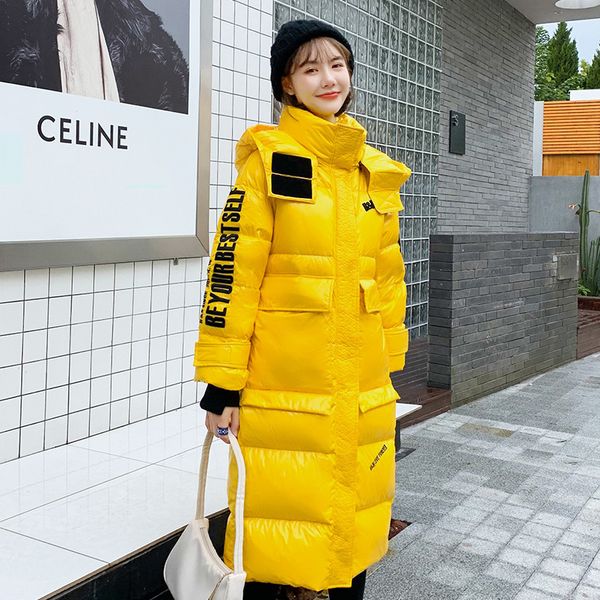 

new fashion letter epaulet long glossy parka coat warm thicken winter jacket women big pocket stand collar parka 201027, Black