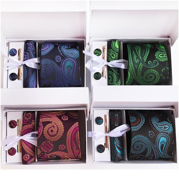 

100% silk men neckties set hanky tie clip cufflinks tie gift box 6pcs/set paisley jacquard woven tie for men wedd qylifb, Blue;purple