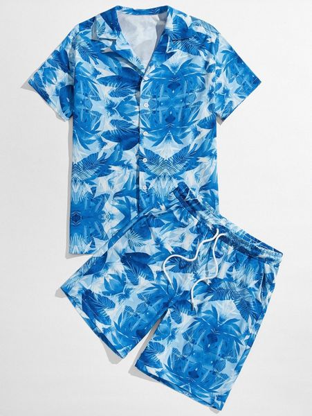 

men tropical print button front shirt with drawstring waist shorts c4rf#, Gray