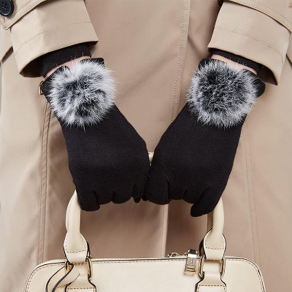 

korean female winter velvet thicken touch screen driving gloves cute hairball cotton full finger sports cycling warm mitten e15, Blue;gray