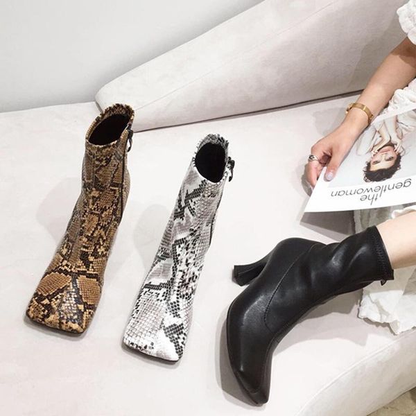 

2020 winter women snakeskin ankle boots high heels gladiator party shoes designer square toe serpentine zippers short boots, Black