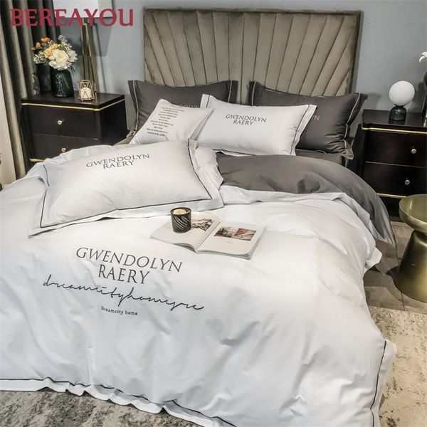 Ägyptische Baumwolle Bettwäsche-Sets Weiche Bettbezug Bettlaken Set Nordic Queen King Size Bettwäsche Luxus Satin Bett Set für Hotel 4PCS T200706