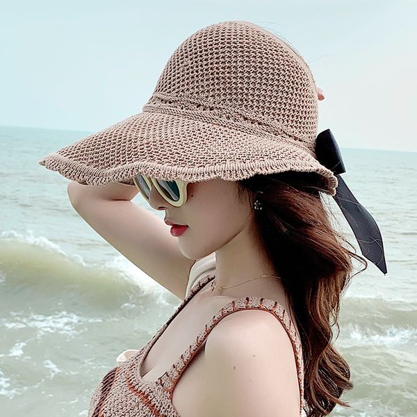 Элегантные складные Sun Hats для женщин Широкий краев, регулируемый спиной с луком Летние Sombreros Женские пляжные Уа соломенные козырьки Упакоемая рыболовная шапка