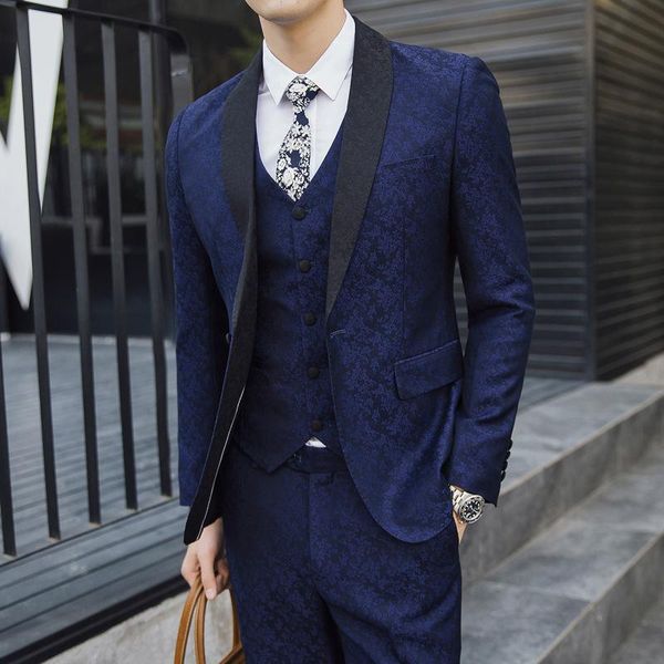 

autumn and winter tooling men's jacquard fabric slim fit suit, plus size plus child suit man three-piece wedding, White;black