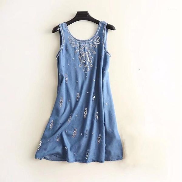 

tencel denim dress sleeveless summer sequins embroidery dresses for lady women o-neck dress breathable soft thin a-line1, Black;gray