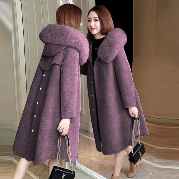 

women's wool & blends women woolen coat long over-knee trench fashion elegant imitating fur collar jackets plus size loose hooded warm, Black