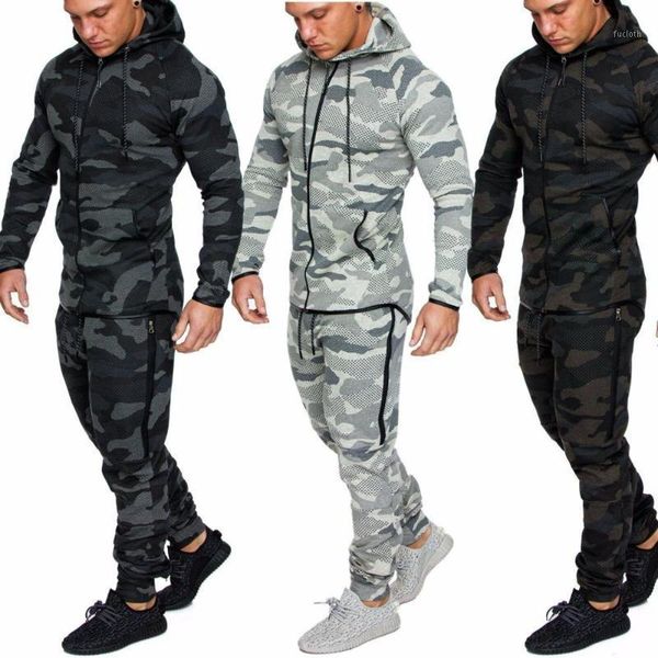 

new men's casual suit fashion camouflage sports fitness cotton zipper cardigan hoodie suit male outdoor sports 2 piece set1, Gray