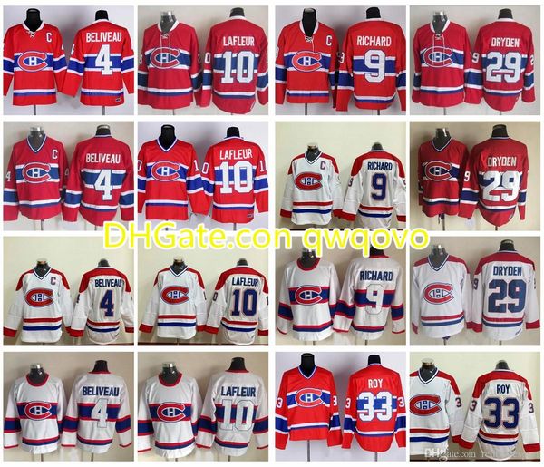 

vintage montreal canadiens hockey jersey 4 jean beliveau 9 maur richard 10 guy lafleur 29 ken dryden 33 patrick roy vintage classic jersey, Black;red