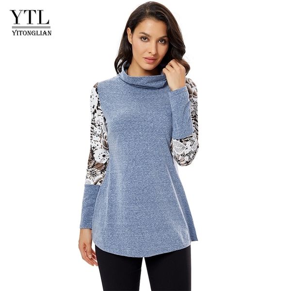 

ytl womens long sleeve turtlenecks pullover ladies for autumn winter printed patchwork loose layered tunic t-shirt h258 201029, White