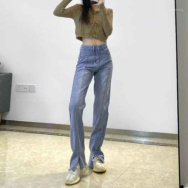 

2020 winter fashion women new straight leg slim split casual jeans high waisted jeans1, Blue