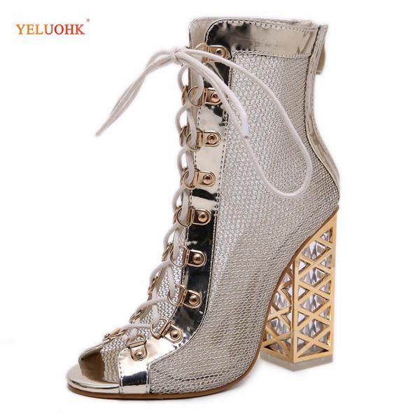 

autumn ankle boots lace up mesh boots women crystal heel autumn shoes for women 34-43 plus size thick heel opened toe lady, Black