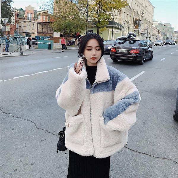 

2020 winter faux fur jacket women simple korean loose stand-up collar long sleeve thick warm fur all-in-one lamb wool coat z754, Black