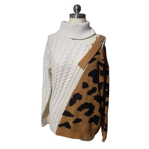 

leopard knitted sweater strapless design blue green autumn winter off shoulder long sleeve turtleneck pullover woman, White;black