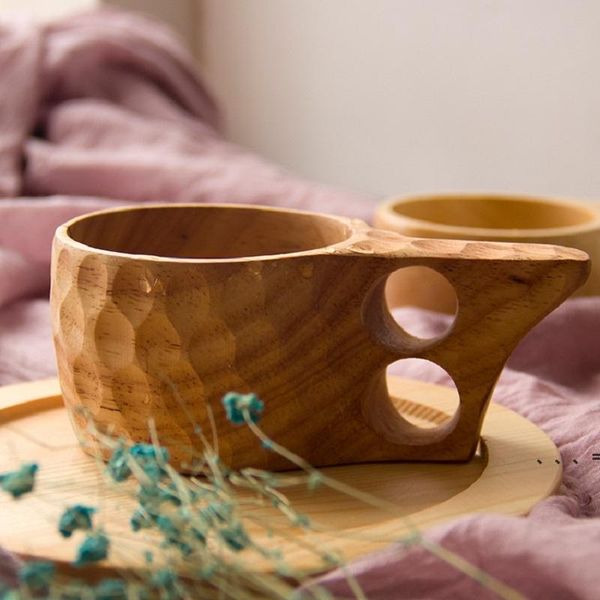 NUOVO Stile nordico 4 tipi di tazze da tè in legno di gomma con manici Kuksa Tazze da caffè in legno con corda Due fori Acqua potabile portatile fatta a manoZZd13