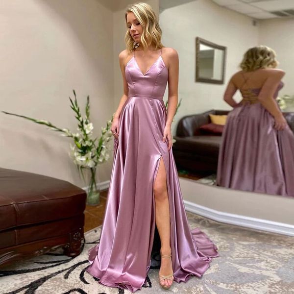 

long prom dress v neck lace up back spaghetti strap satin a line split evening gowns party, Black;red