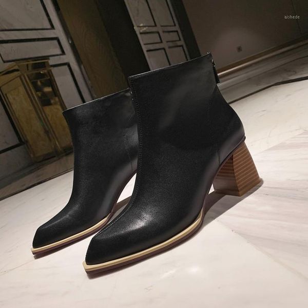 

boots mljuese 2021 women ankle cow leather winter short plush zippers pointed toe high heels female party dress size 34-401, Black