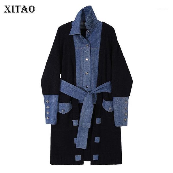

xitao knitted sweater fashion new women single breast bandage 2020 winter full sleeve patchwork loose casual sweater zy26111, White