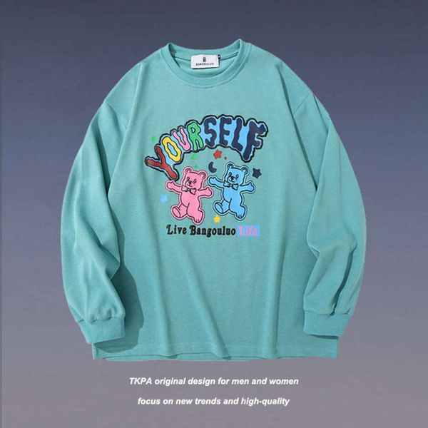

tkpa harajuku cartoon printed long sleeve round neck t-shirt men's and women's hip hop street fashion brand couple pullover, Black