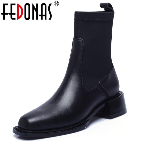 

boots fedonas women's heeled genuine leather thick botton round toe ankle office lady party chunky heels shoes, Black