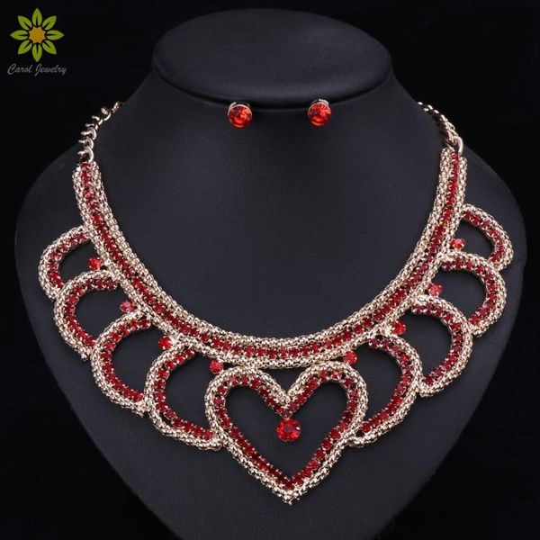 

african beads jewelry sets necklace earring gold color metal choker red crystal heart shaped necklace earrings set for women, Silver