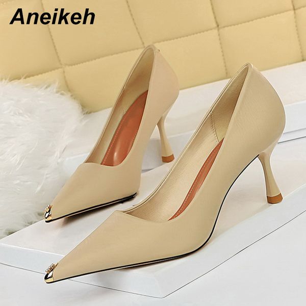 

aneikeh new spring fashion pu women's pumps 2021 thin heels pointed toe slingbacks metal decorat ladies shoes botines mujer c0129, Black