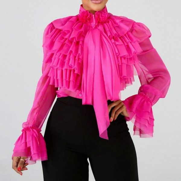 

women flared sleeve stand collar multi-layer pleated hem scarf chiffon blouse #hb3w, White