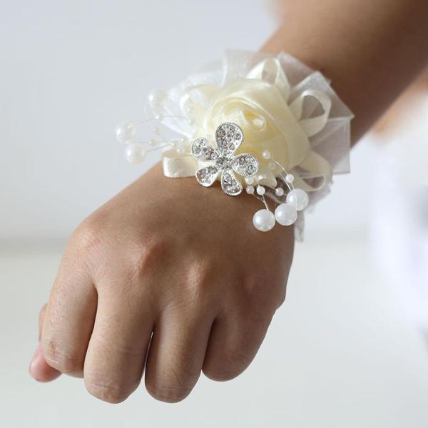 

decorative flowers & wreaths bride pearl wrist corsage bracelet hand flower wedding for bridesmaid ivory silk rose accessories sw978-6