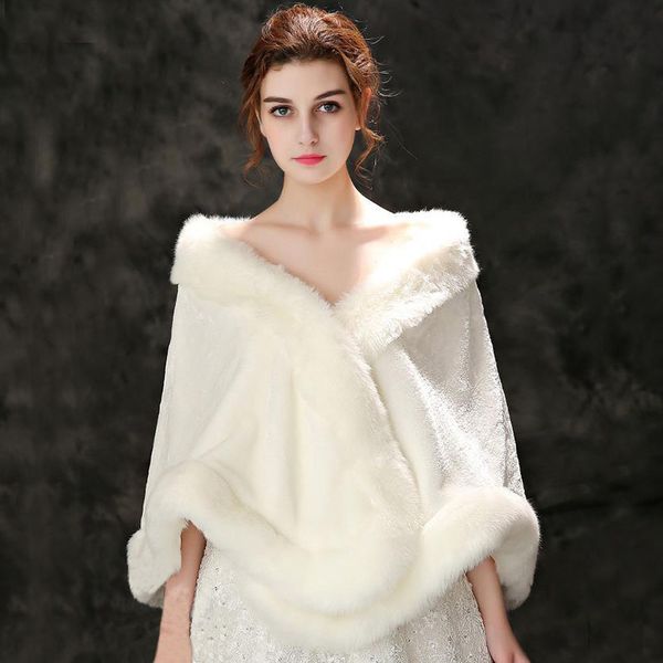

2020 faux fox fur wraps for wedding bolero jackets evening dresses cape stoles jacket coat bride fur shrug shawl cloak winter warm bd020, White
