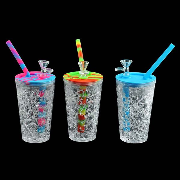 Plastikbecher-Wasserpfeife 6,1 Zoll Raucherbong Dab Rig Bongs Wasserpfeifen Silikonrohre Shisha-Gefrierbecher für trockene Kräuter mit 14-mm-Glasschale