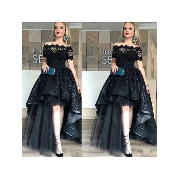 

elegant black full lace high low prom dress off shoulder short sleeves evening gowns fashion party gown custom made