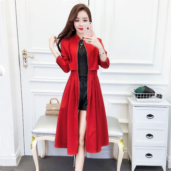 

women's trench coats autumn longtrench coat for women streetwear stand collar slim high waist ladies long pleated jacket femme1, Tan;black