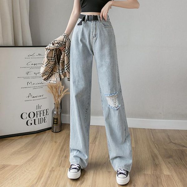 

women's jeans ripped hole high waist wide leg straight loose long for women s  l xl, Blue