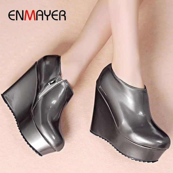 

enmayer increase within wedges super high ankle boots for women round toe solid short plush zipper winter shoes platform boots, Black