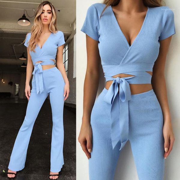 

women's two piece pants v neck bandage women sets blue long sleeve crop + bodycon flare 2 womens outfits1, White